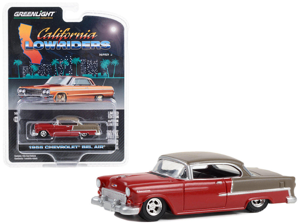 1955 Chevrolet Bel Air Lowrider Ruby Red and Matt Bronze 'California Lowriders' Series 3 1/64 Diecast Model Car by Greenlight