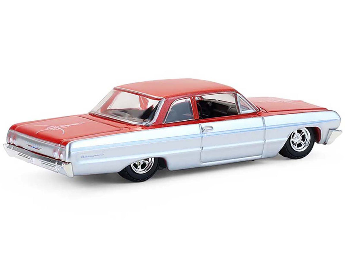1964 Chevrolet Biscayne Lowrider Silver Metallic and Red Two-Tone 'California Lowriders' Series 7 1/64 Diecast Model Car by Greenlight