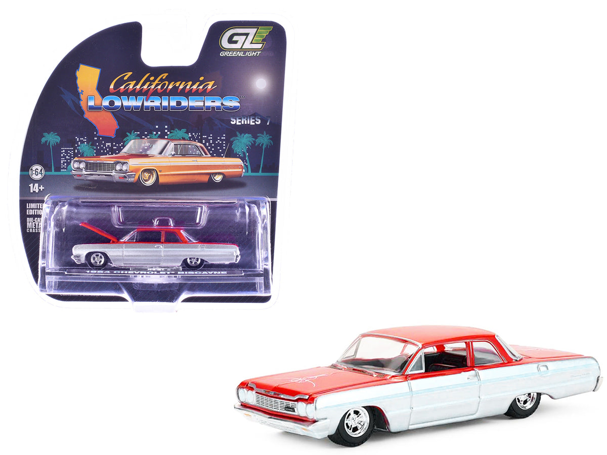 1964 Chevrolet Biscayne Lowrider Silver Metallic and Red Two-Tone 'California Lowriders' Series 7 1/64 Diecast Model Car by Greenlight