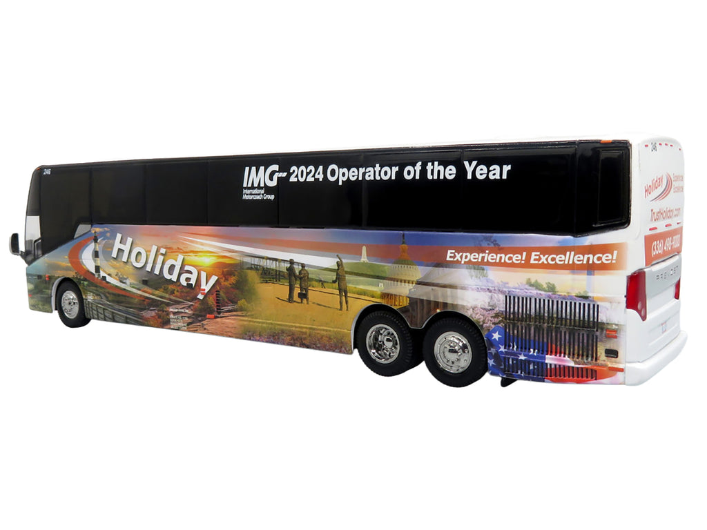 Prevost H3-45 Coach Bus 'Holiday Tours - 2024 IMG Operator of the Year' White with Graphics Limited Edition 1/64 Diecast Model by Iconic Replicas