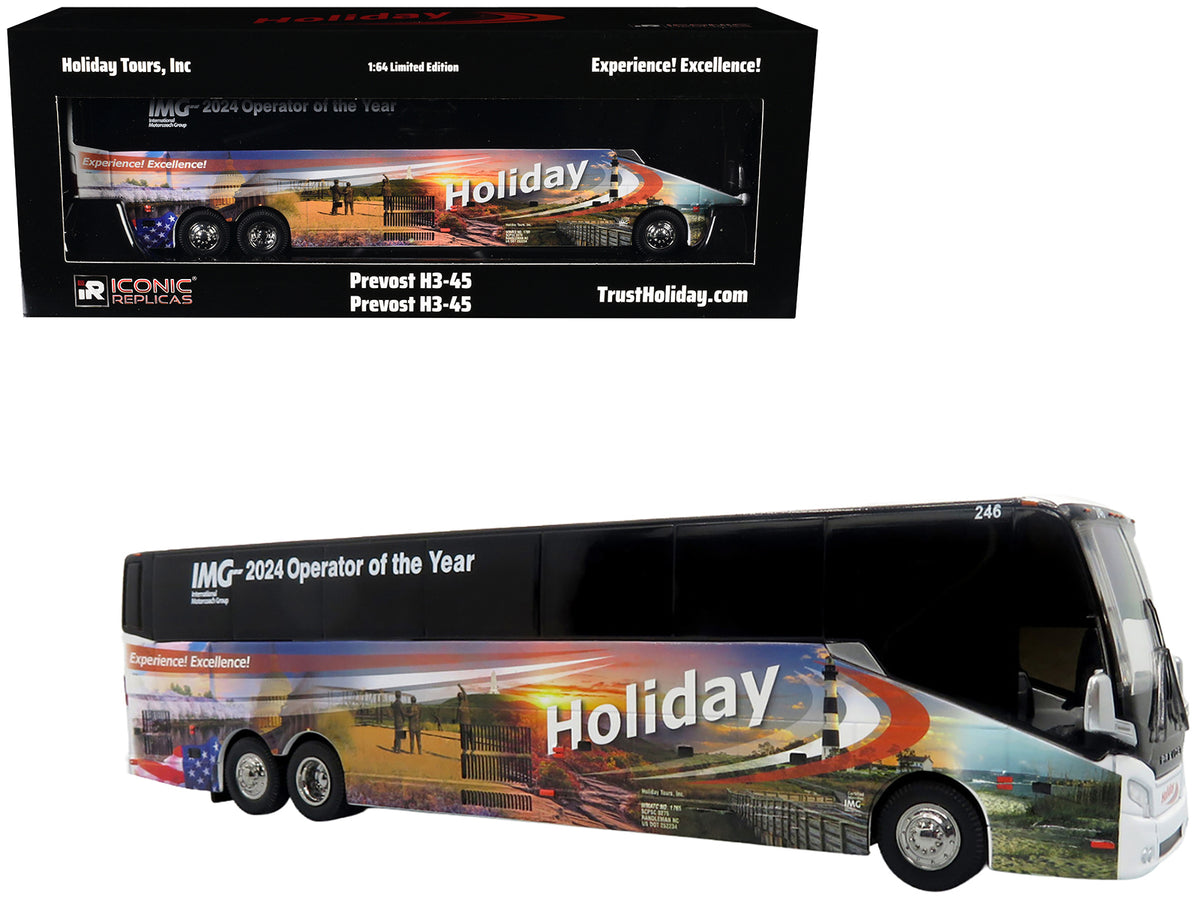 Prevost H3-45 Coach Bus 'Holiday Tours - 2024 IMG Operator of the Year' White with Graphics Limited Edition 1/64 Diecast Model by Iconic Replicas