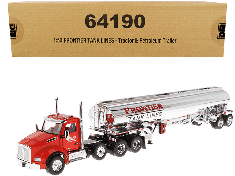 Kenworth T880 SBFA Tandem Day Cab Truck with Pusher Axle and Heil FD9300/DT-C4 Petroleum Tanker Trailer 'Frontier Tank Lines' Red and Chrome 'Transport Series' Limited Edition to 500 pieces Worldwide 1/50 Diecast Model by Diecast Masters