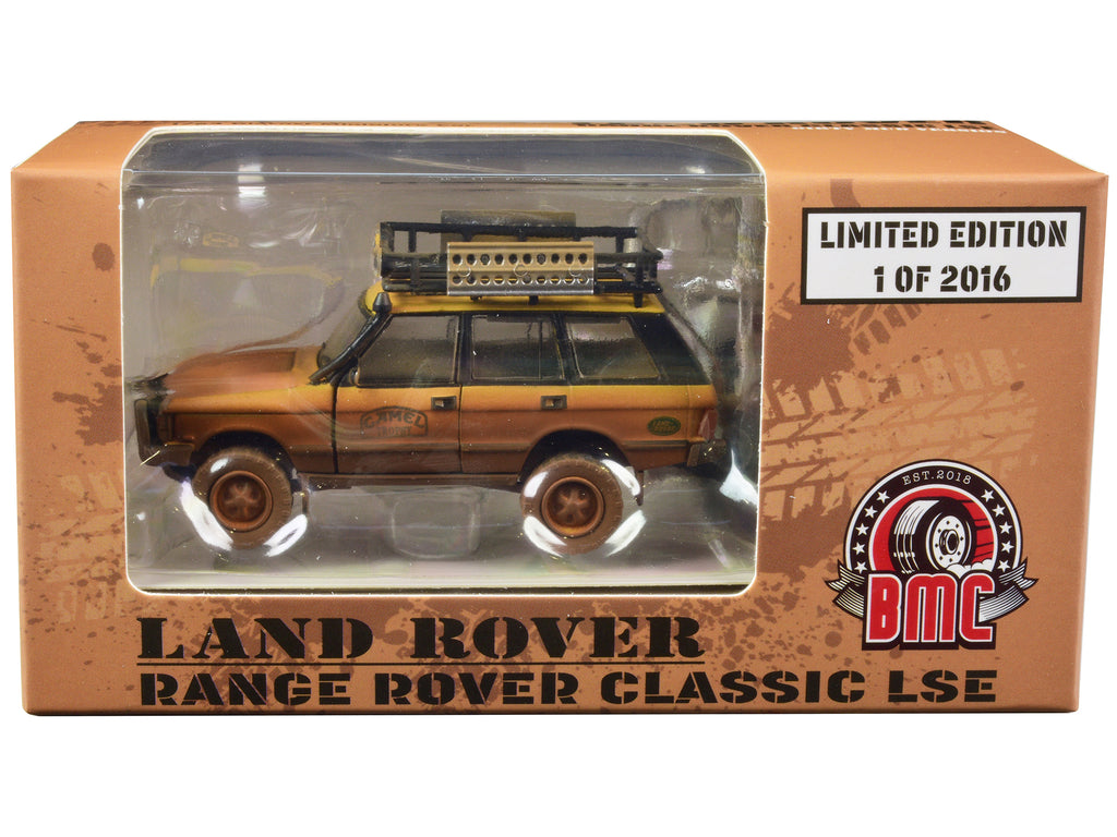 Land Rover Range Rover Classic LSE RHD (Right Hand Drive) 'Camel Trophy' Yellow (Dirty Mud Version) with Roof Rack Extra Wheels and Accessories Limited Edition to 2016 pieces Worldwide 1/64 Diecast Model Car by BM Creations