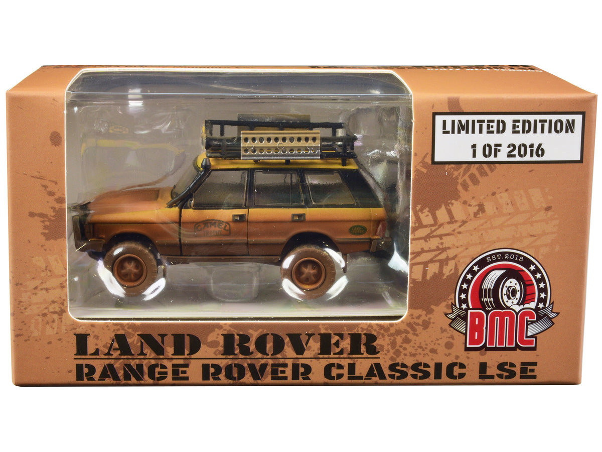 Land Rover Range Rover Classic LSE RHD (Right Hand Drive) 'Camel Trophy' Yellow (Dirty Mud Version) with Roof Rack Extra Wheels and Accessories Limited Edition to 2016 pieces Worldwide 1/64 Diecast Model Car by BM Creations