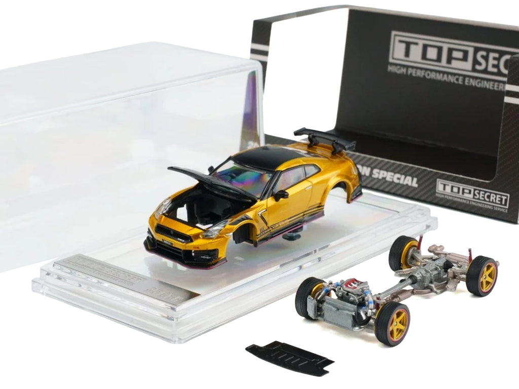 Nissan 'Top Secret' GT-R (R35) RHD (Right Hand Drive) Gold Metallic with Carbon Hood and Top 'Tokyo Auto Salon 2026' 1/64 Diecast Model Car by BM Creations