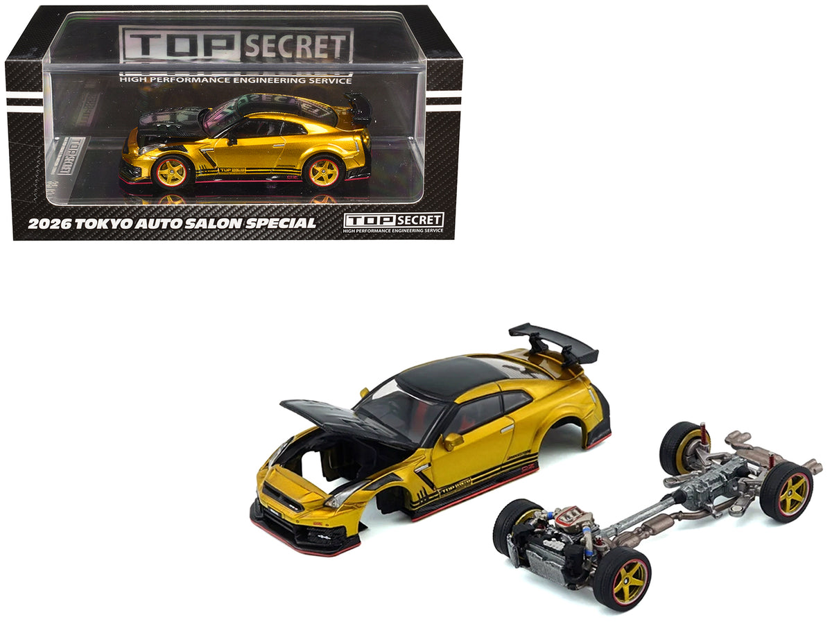 Nissan 'Top Secret' GT-R (R35) RHD (Right Hand Drive) Gold Metallic with Carbon Hood and Top 'Tokyo Auto Salon 2026' 1/64 Diecast Model Car by BM Creations