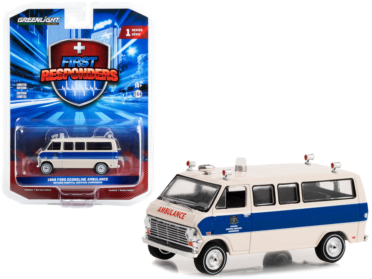 1969 Ford Econoline Ambulance Beige with Blue Stripes 'Ontario Hospital Services Commission Ontario Canada' 'First Responders' Series 1 1/64 Diecast Model Car by Greenlight