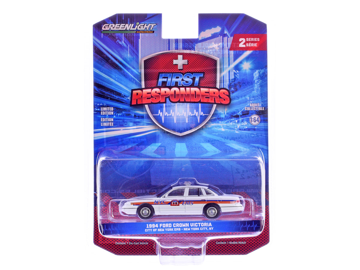 1994 Ford Crown Victoria 'NYC EMS (City of New York Emergency Medical Service)' White with Blue and Red Stripes 'First Responders' Series 2 1/64 Diecast Model Car by Greenlight