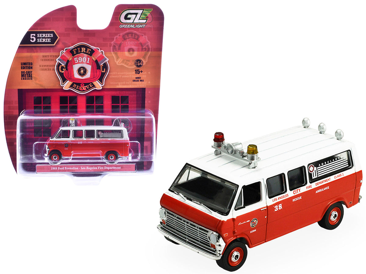 1969 Ford Econoline Ambulance 'Los Angeles Fire Department' Red and White 'Fire & Rescue' Series #5 1/64 Diecast Model Car by Greenlight