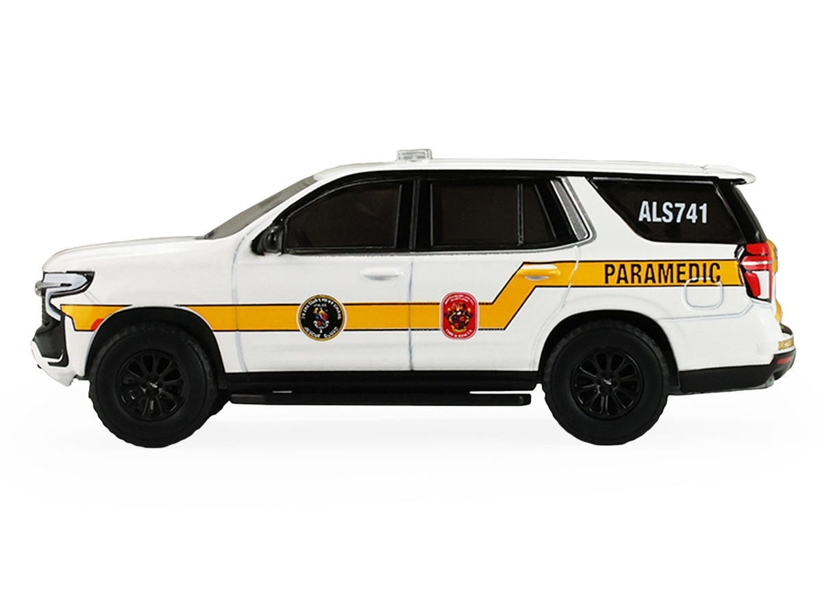 2024 Chevrolet Tahoe 'Montgomery County Maryland Fire & Rescue Bethesda-Chevy Chase Rescue Squad' White with Yellow Stripes 'Fire & Rescue' Series #5 1/64 Diecast Model Car by Greenlight