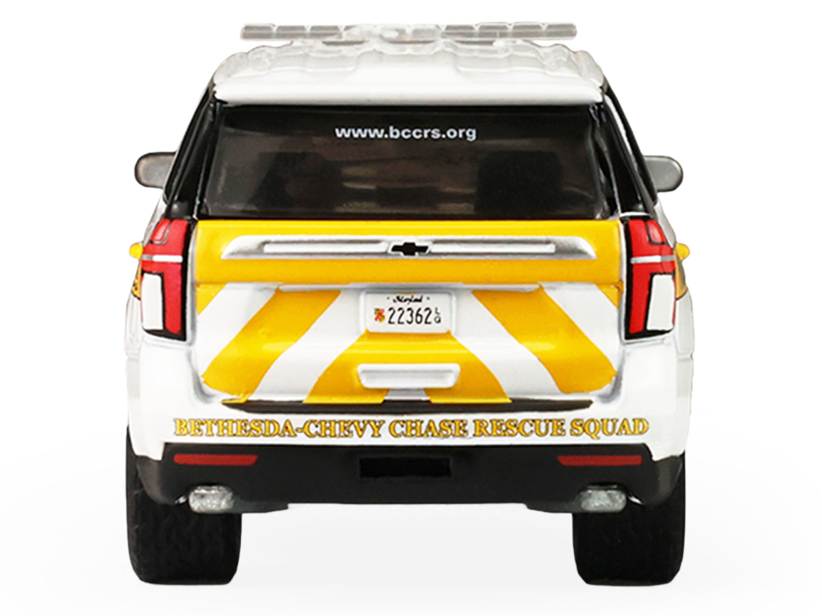 2024 Chevrolet Tahoe 'Montgomery County Maryland Fire & Rescue Bethesda-Chevy Chase Rescue Squad' White with Yellow Stripes 'Fire & Rescue' Series #5 1/64 Diecast Model Car by Greenlight