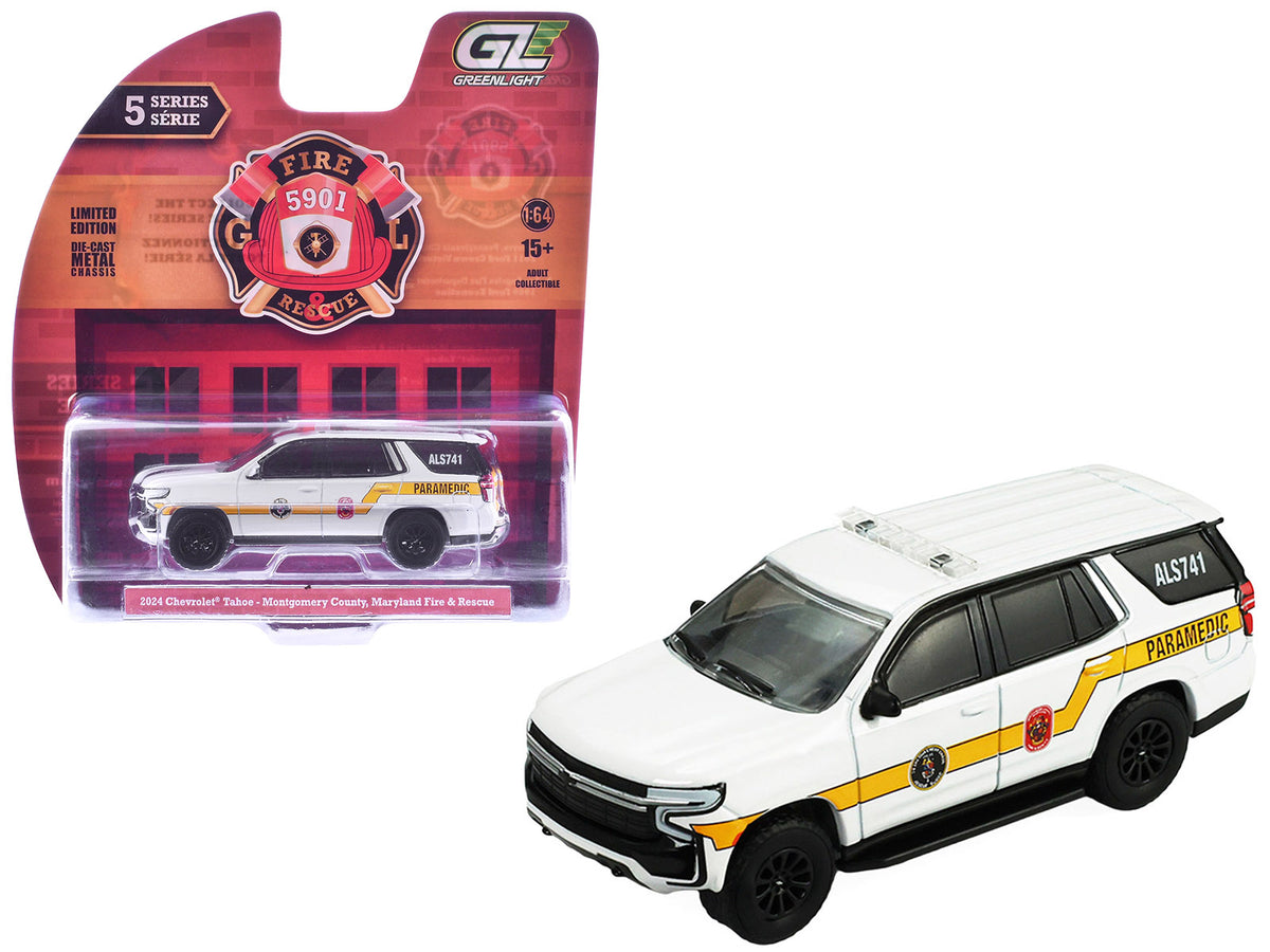 2024 Chevrolet Tahoe 'Montgomery County Maryland Fire & Rescue Bethesda-Chevy Chase Rescue Squad' White with Yellow Stripes 'Fire & Rescue' Series #5 1/64 Diecast Model Car by Greenlight