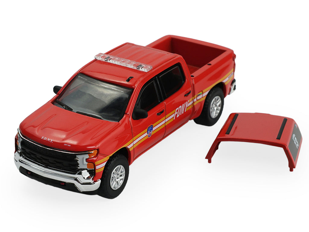 2023 Chevrolet Silverado Pickup Truck with Camper Shell 'FDNY (New York City Fire Department)' Red with Stripes 'Fire & Rescue' Series #5 1/64 Diecast Model Car by Greenlight