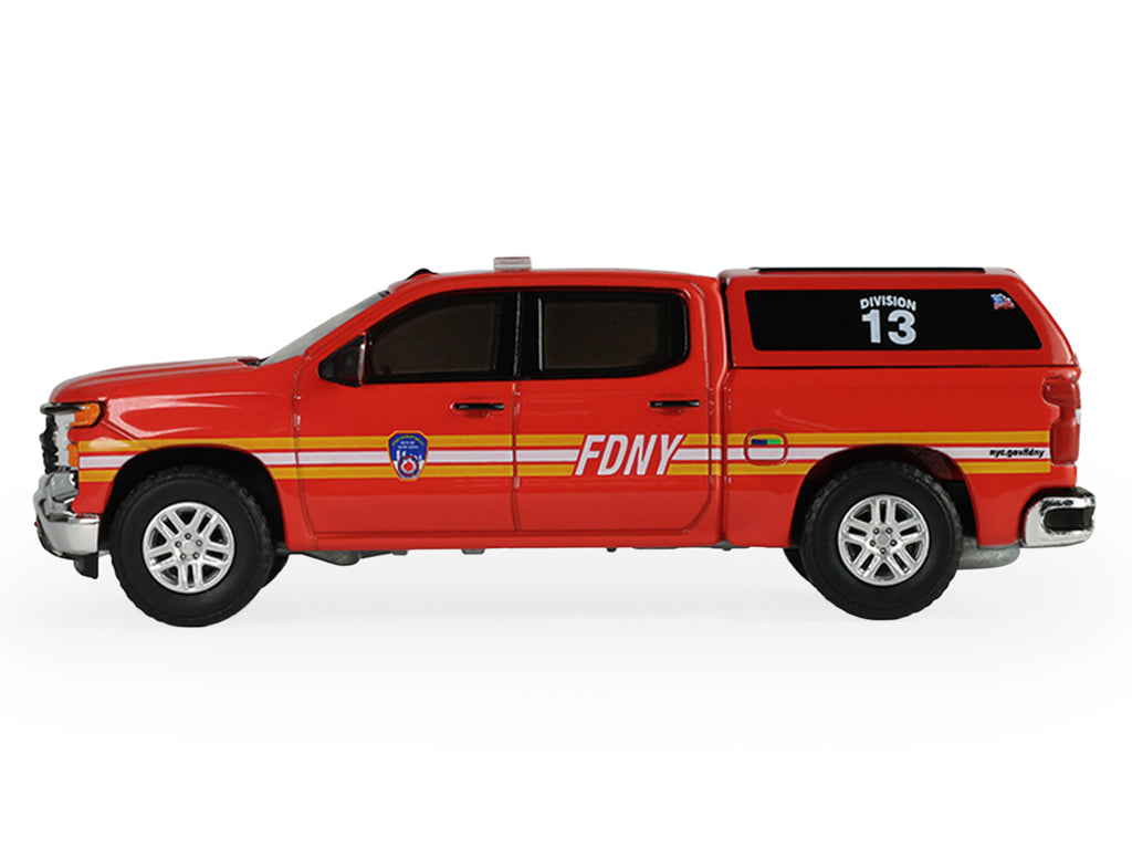 2023 Chevrolet Silverado Pickup Truck with Camper Shell 'FDNY (New York City Fire Department)' Red with Stripes 'Fire & Rescue' Series #5 1/64 Diecast Model Car by Greenlight