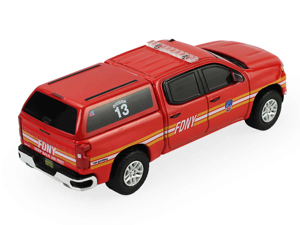 2023 Chevrolet Silverado Pickup Truck with Camper Shell 'FDNY (New York City Fire Department)' Red with Stripes 'Fire & Rescue' Series #5 1/64 Diecast Model Car by Greenlight