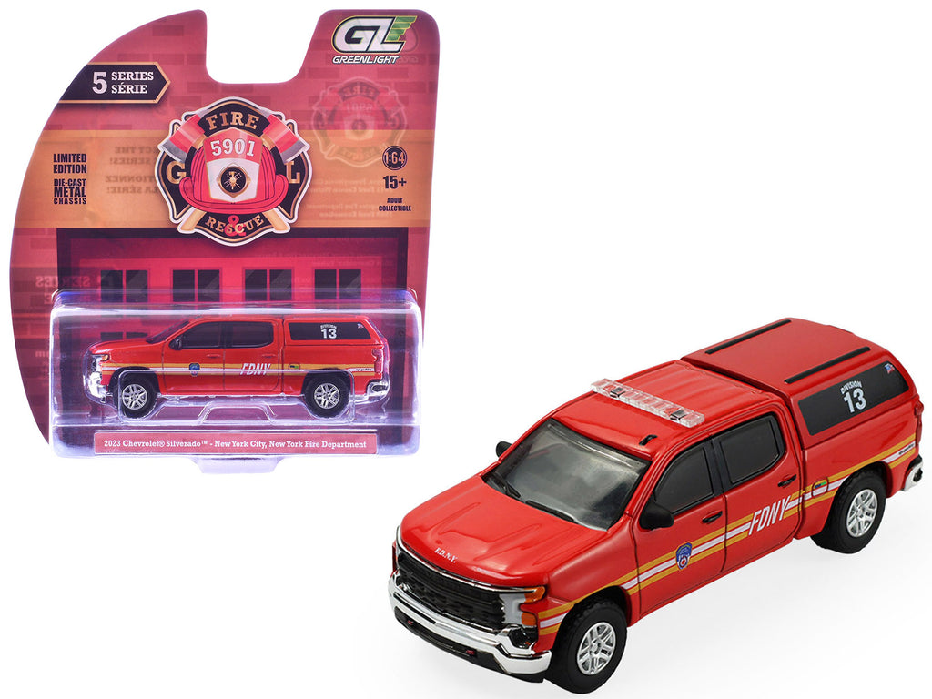 2023 Chevrolet Silverado Pickup Truck with Camper Shell 'FDNY (New York City Fire Department)' Red with Stripes 'Fire & Rescue' Series #5 1/64 Diecast Model Car by Greenlight