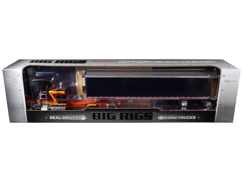 Peterbilt 389 Pride-N-Class with 70' Mid-Roof Sleeper and 53' Utility Trailer with Reefer 'Hurricane Express' Brown with Stripes 'Big Rigs' Series II #4 1/64 Diecast Model by DCP/First Gear