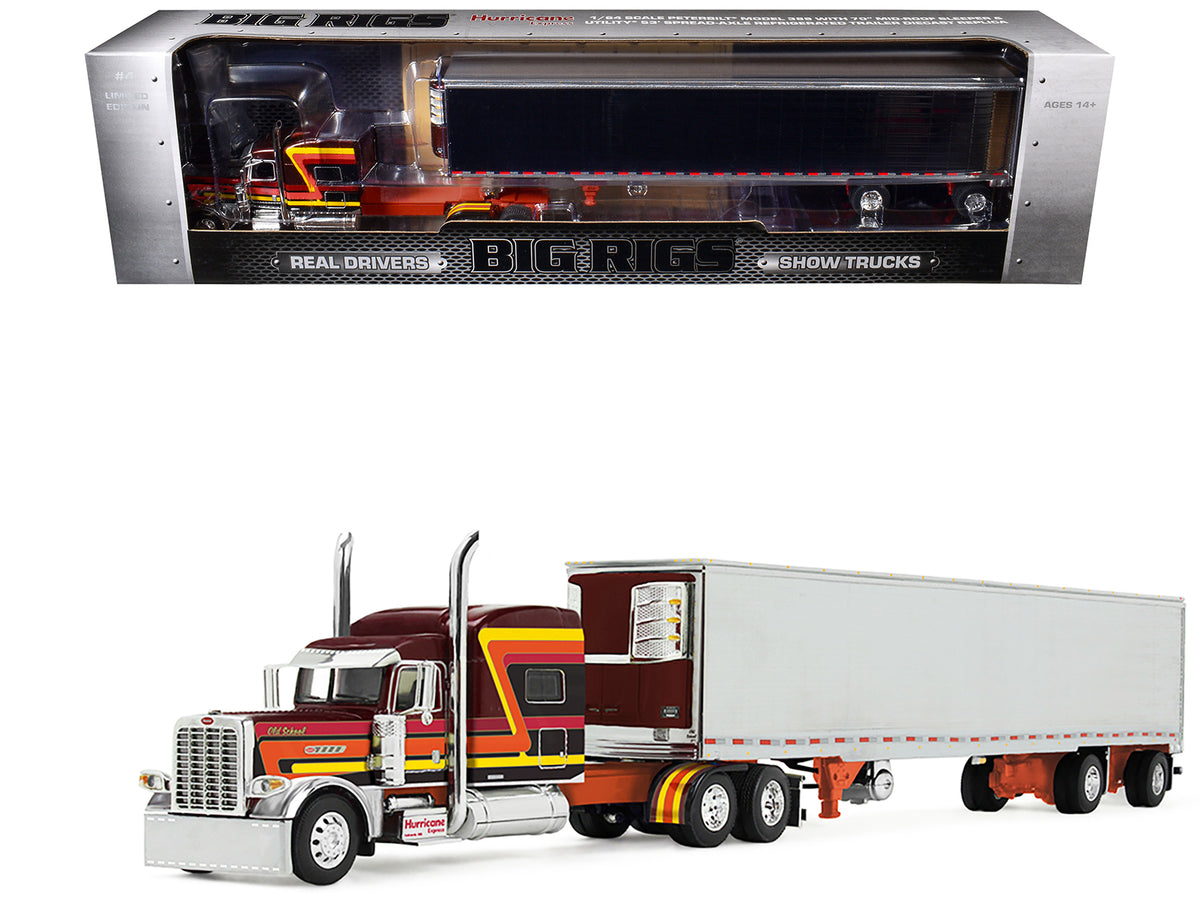 Peterbilt 389 Pride-N-Class with 70' Mid-Roof Sleeper and 53' Utility Trailer with Reefer 'Hurricane Express' Brown with Stripes 'Big Rigs' Series II #4 1/64 Diecast Model by DCP/First Gear