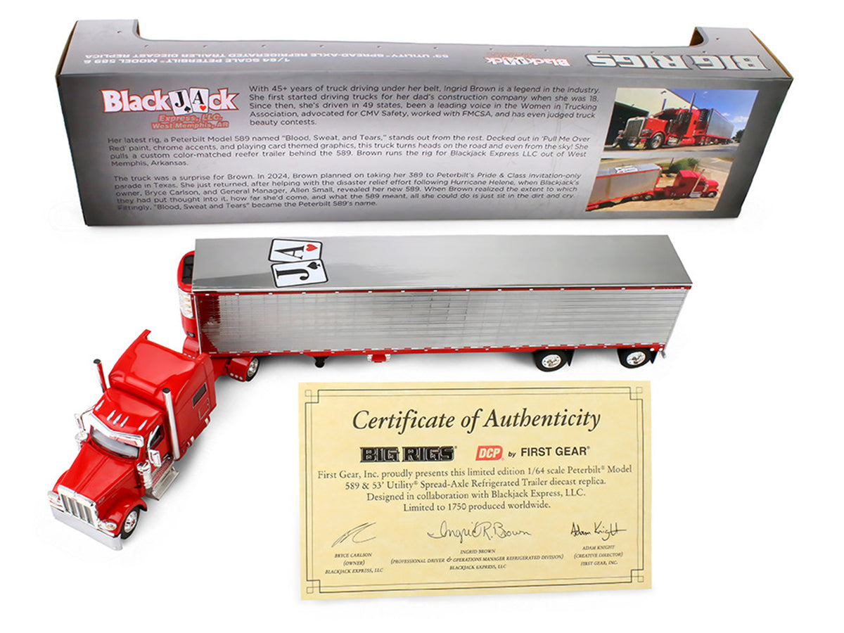 Peterbilt 589 with 78' Mid-Roof Sleeper and 53' Utility Trailer with Reefer 'Blackjack Express LLC' Red 'Big Rigs' Series II #6 1/64 Diecast Model by DCP/First Gear