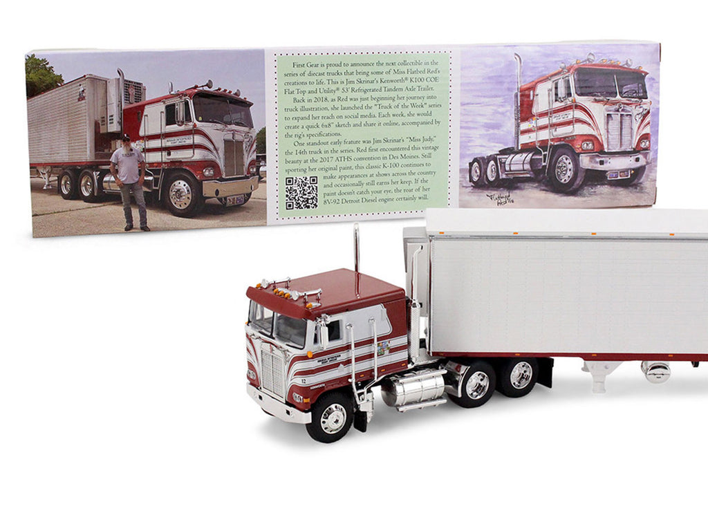 Kenworth K100 COE Flat Top and 53' Utility Trailer with Reefer 'Red's Favorites - Jim Skrinar' Red with White Stripes 1/64 Diecast Model by DCP/First Gear