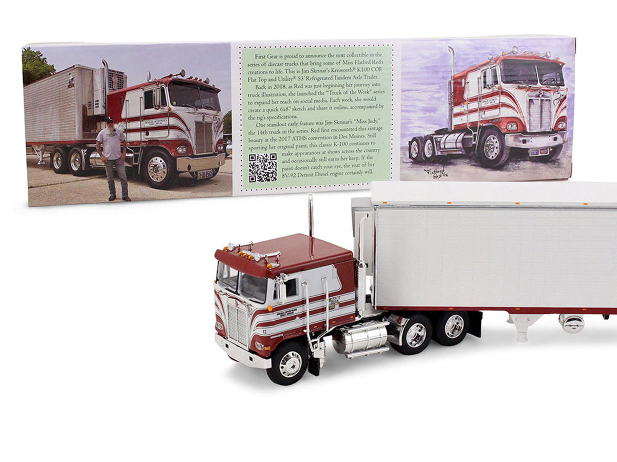 Kenworth K100 COE Flat Top and 53' Utility Trailer with Reefer 'Red's Favorites - Jim Skrinar' Red with White Stripes 1/64 Diecast Model by DCP/First Gear