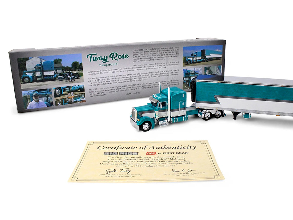 Peterbilt 379 with 63' Mid-Roof Sleeper and 53' Utility Trailer with Reefer 'Tway Rose Transport' Teal and White with Stripes 'Big Rigs' Series II #5 1/64 Diecast Model by DCP/First Gear