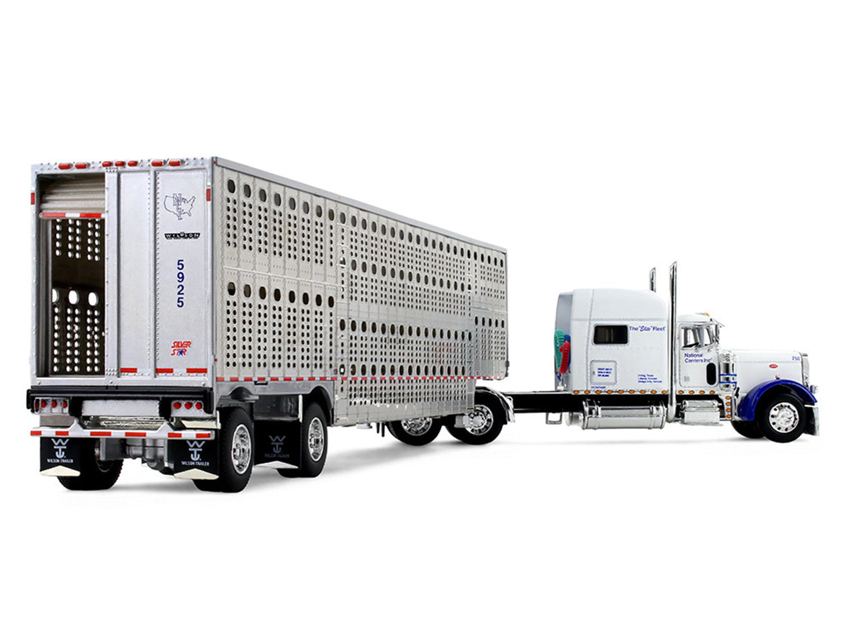 Peterbilt 379 with 70' Mid-Roof Sleeper and Wilson Silverstar Livestock Trailer 'National Carriers' White 'Legacy Series #5' 1/64 Diecast Model by DCP/First Gear