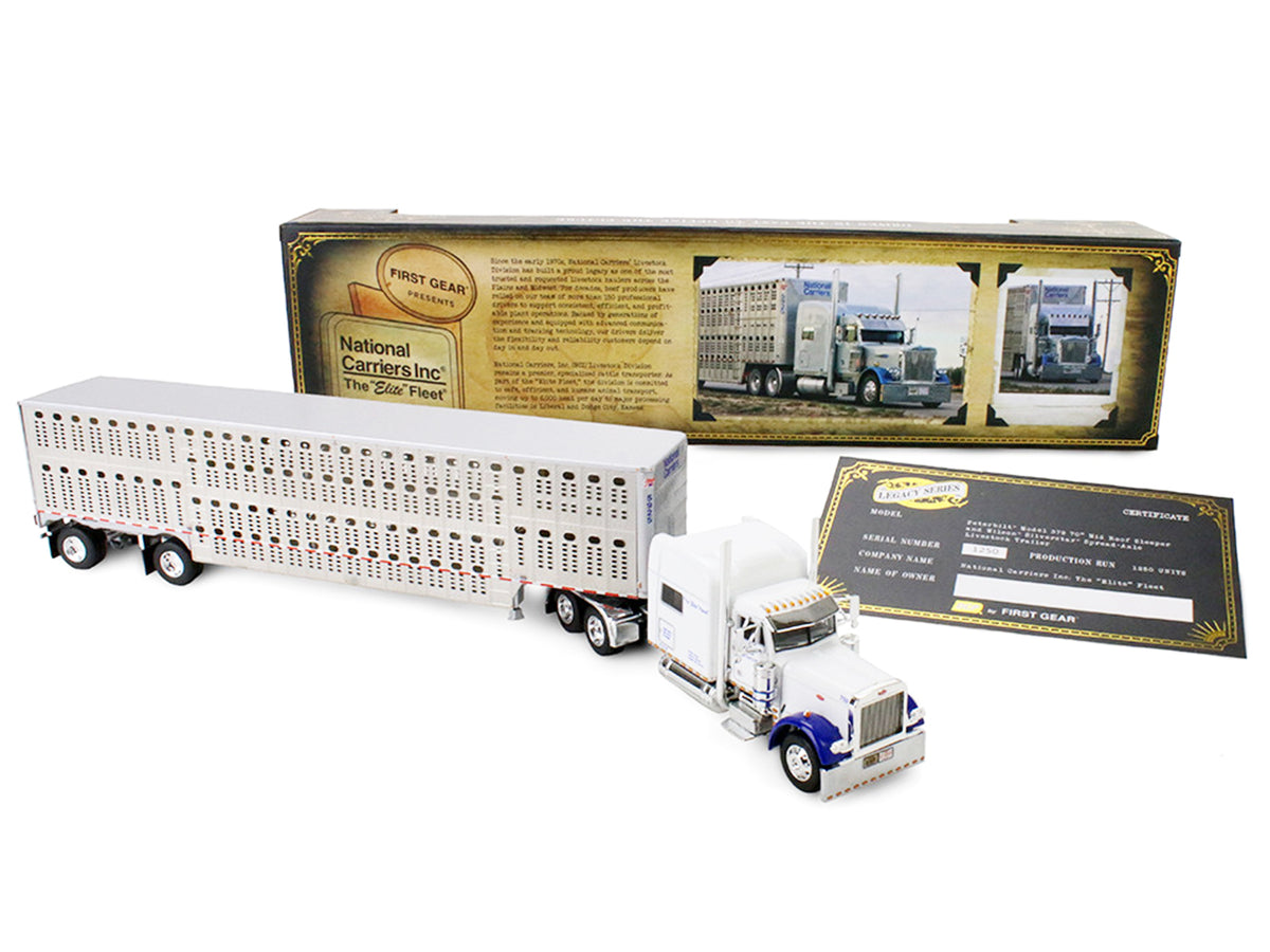 Peterbilt 379 with 70' Mid-Roof Sleeper and Wilson Silverstar Livestock Trailer 'National Carriers' White 'Legacy Series #5' 1/64 Diecast Model by DCP/First Gear
