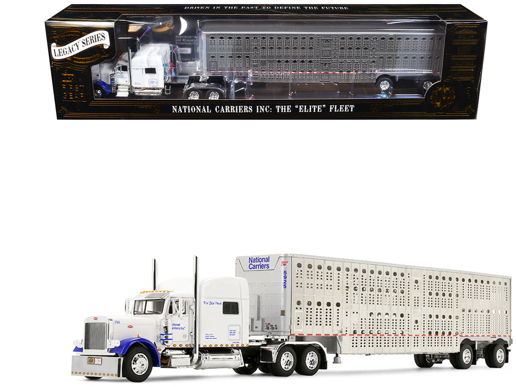 Peterbilt 379 with 70' Mid-Roof Sleeper and Wilson Silverstar Livestock Trailer 'National Carriers' White 'Legacy Series #5' 1/64 Diecast Model by DCP/First Gear