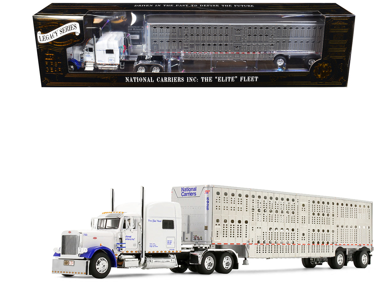 Peterbilt 379 with 70' Mid-Roof Sleeper and Wilson Silverstar Livestock Trailer 'National Carriers' White 'Legacy Series #5' 1/64 Diecast Model by DCP/First Gear