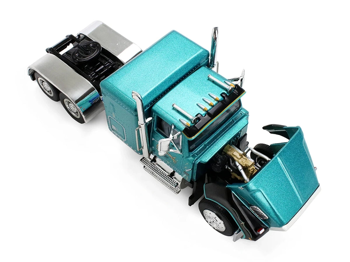 Ford LTL 9000 with 48' Flat Top Sleeper and 53' Utility Trailer with Reefer 'Red’s Favorites - Tom Sercombe' Turquoise Metallic 1/64 Diecast Model by First Gear