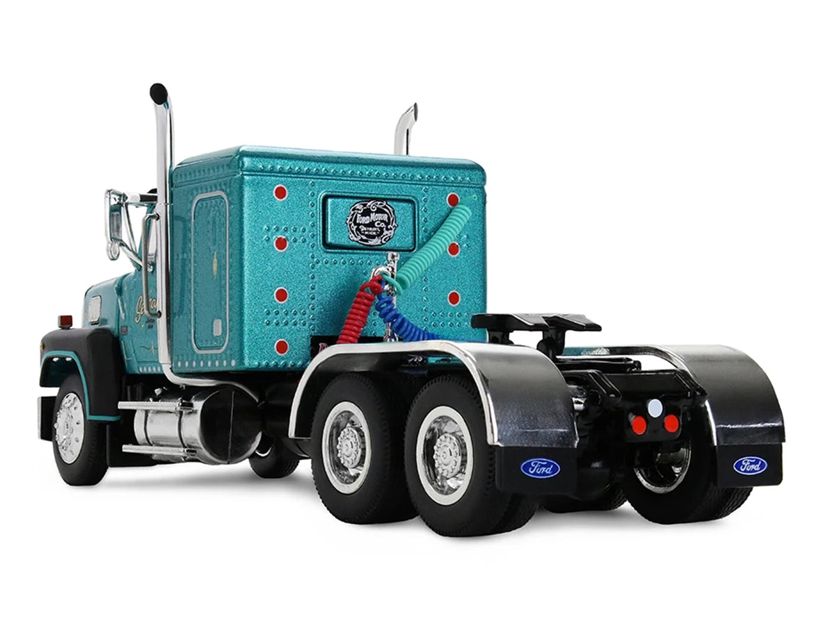 Ford LTL 9000 with 48' Flat Top Sleeper and 53' Utility Trailer with Reefer 'Red’s Favorites - Tom Sercombe' Turquoise Metallic 1/64 Diecast Model by First Gear