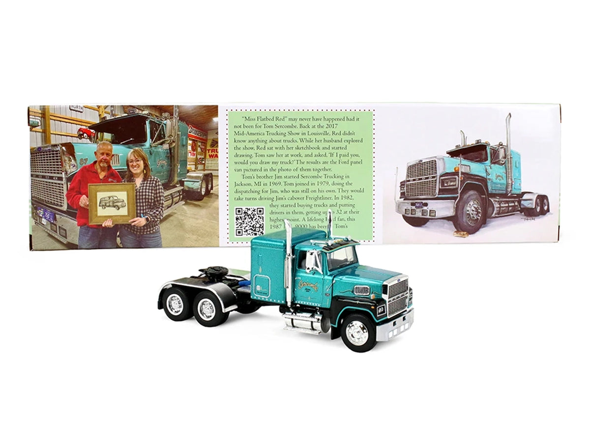 Ford LTL 9000 with 48' Flat Top Sleeper and 53' Utility Trailer with Reefer 'Red’s Favorites - Tom Sercombe' Turquoise Metallic 1/64 Diecast Model by First Gear