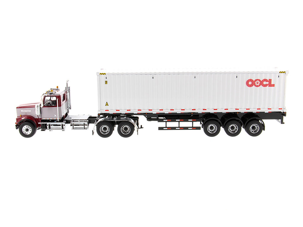 Western Star 4900 SF Tandem Day Cab Truck Tractor Red and Gray with 40' Dry Goods Sea Container 'OOCL' White 'Transport Series' 1/50 Diecast Model by Diecast Masters