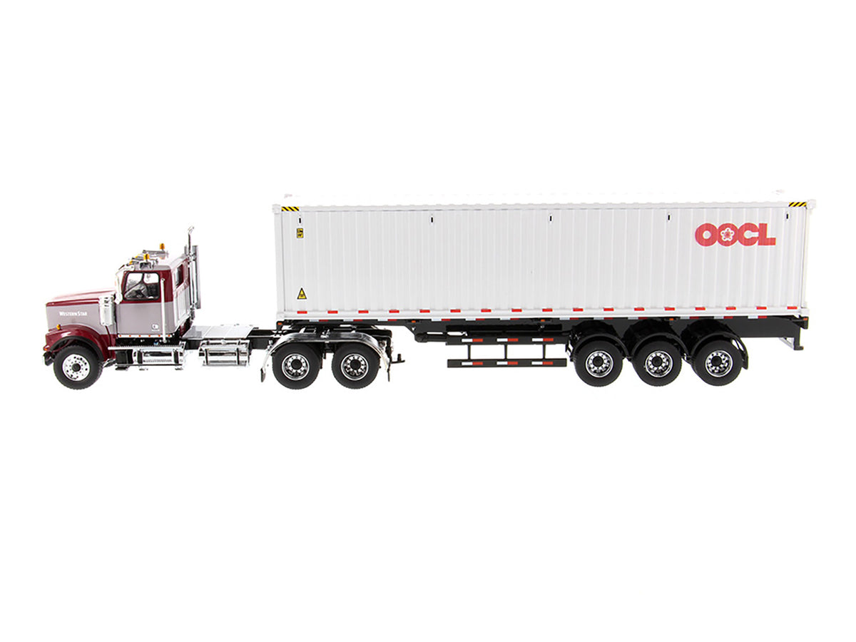 Western Star 4900 SF Tandem Day Cab Truck Tractor Red and Gray with 40' Dry Goods Sea Container 'OOCL' White 'Transport Series' 1/50 Diecast Model by Diecast Masters