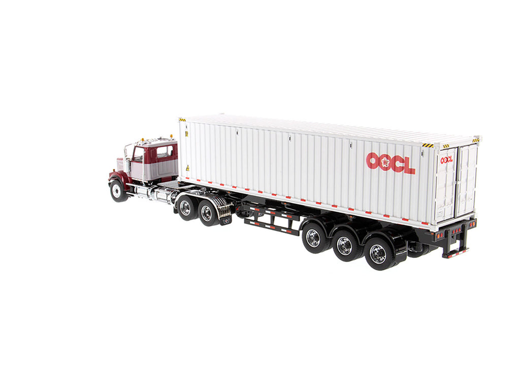 Western Star 4900 SF Tandem Day Cab Truck Tractor Red and Gray with 40' Dry Goods Sea Container 'OOCL' White 'Transport Series' 1/50 Diecast Model by Diecast Masters