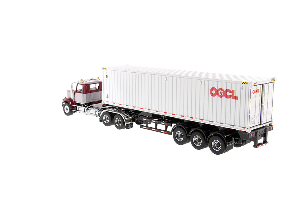 Western Star 4900 SF Tandem Day Cab Truck Tractor Red and Gray with 40' Dry Goods Sea Container 'OOCL' White 'Transport Series' 1/50 Diecast Model by Diecast Masters