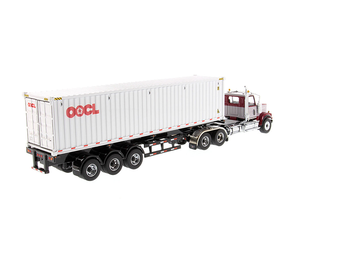 Western Star 4900 SF Tandem Day Cab Truck Tractor Red and Gray with 40' Dry Goods Sea Container 'OOCL' White 'Transport Series' 1/50 Diecast Model by Diecast Masters