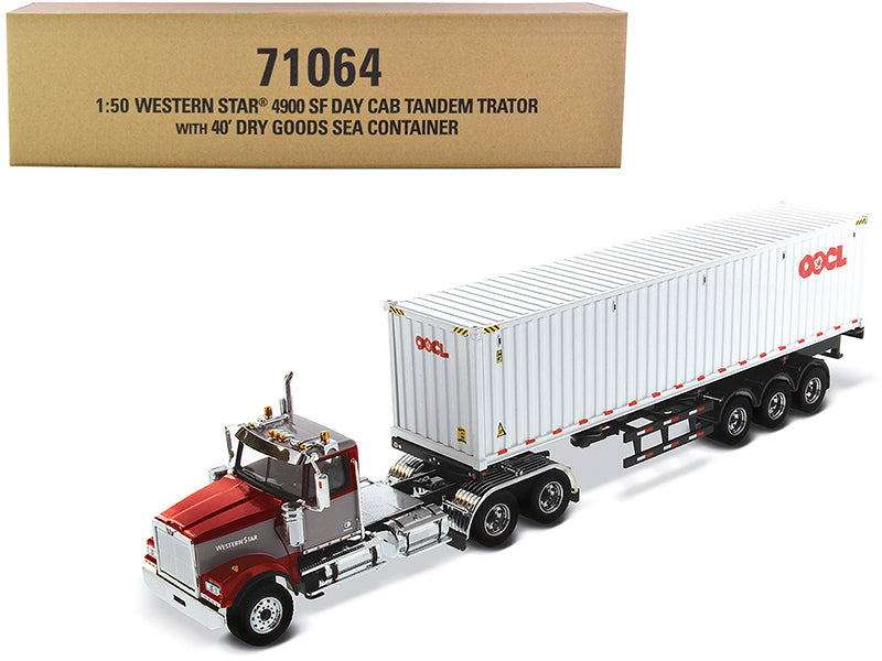 Western Star 4900 SF Tandem Day Cab Truck Tractor Red and Gray with 40' Dry Goods Sea Container 'OOCL' White 'Transport Series' 1/50 Diecast Model by Diecast Masters