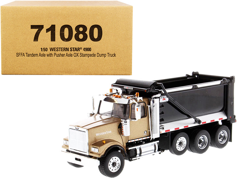 Western Star 4900 SFFA Tandem with Pusher Axle OX Stampede Dump Truck Gold and Black 'Transport Series' 1/50 Diecast Model by Diecast Masters