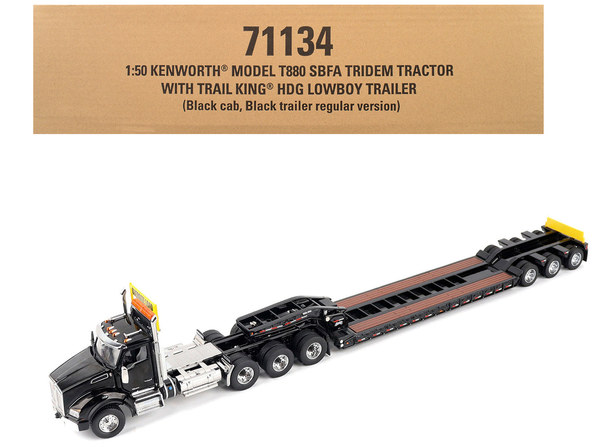Kenworth T880 SBFA Tridem Truck with Trail King HDG Lowboy Trailer Black 'Transport Series' 1/50 Diecast Model by Diecast Masters
