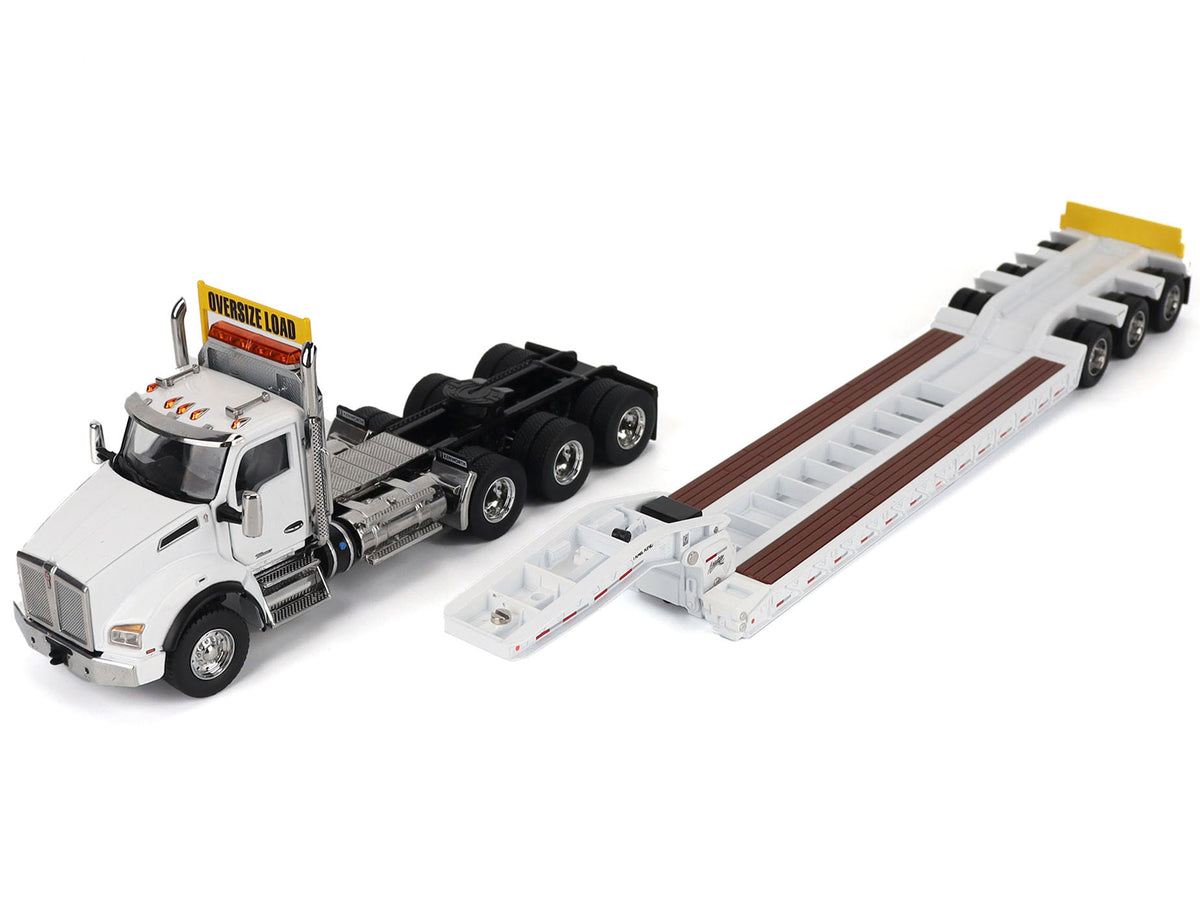 Kenworth T880 SBFA Tridem Truck with Trail King HDG Lowboy Trailer White 'Transport Series' 1/50 Diecast Model by Diecast Masters
