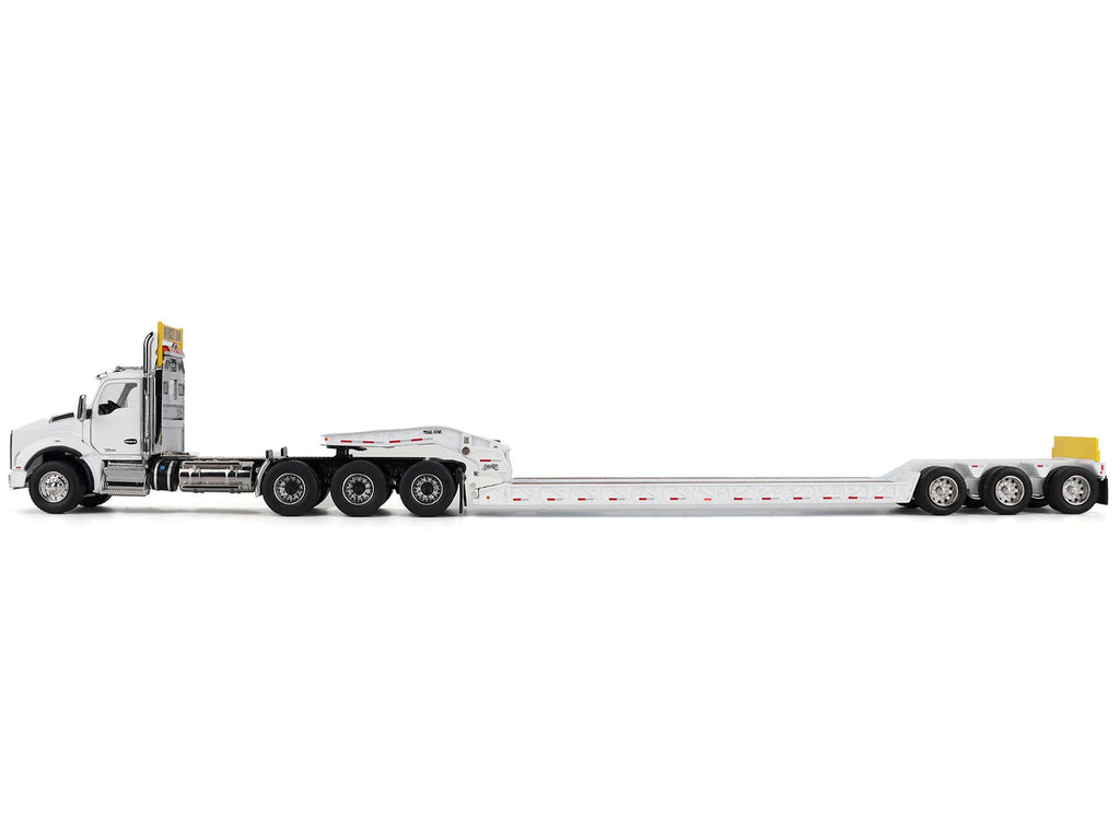 Kenworth T880 SBFA Tridem Truck with Trail King HDG Lowboy Trailer White 'Transport Series' 1/50 Diecast Model by Diecast Masters