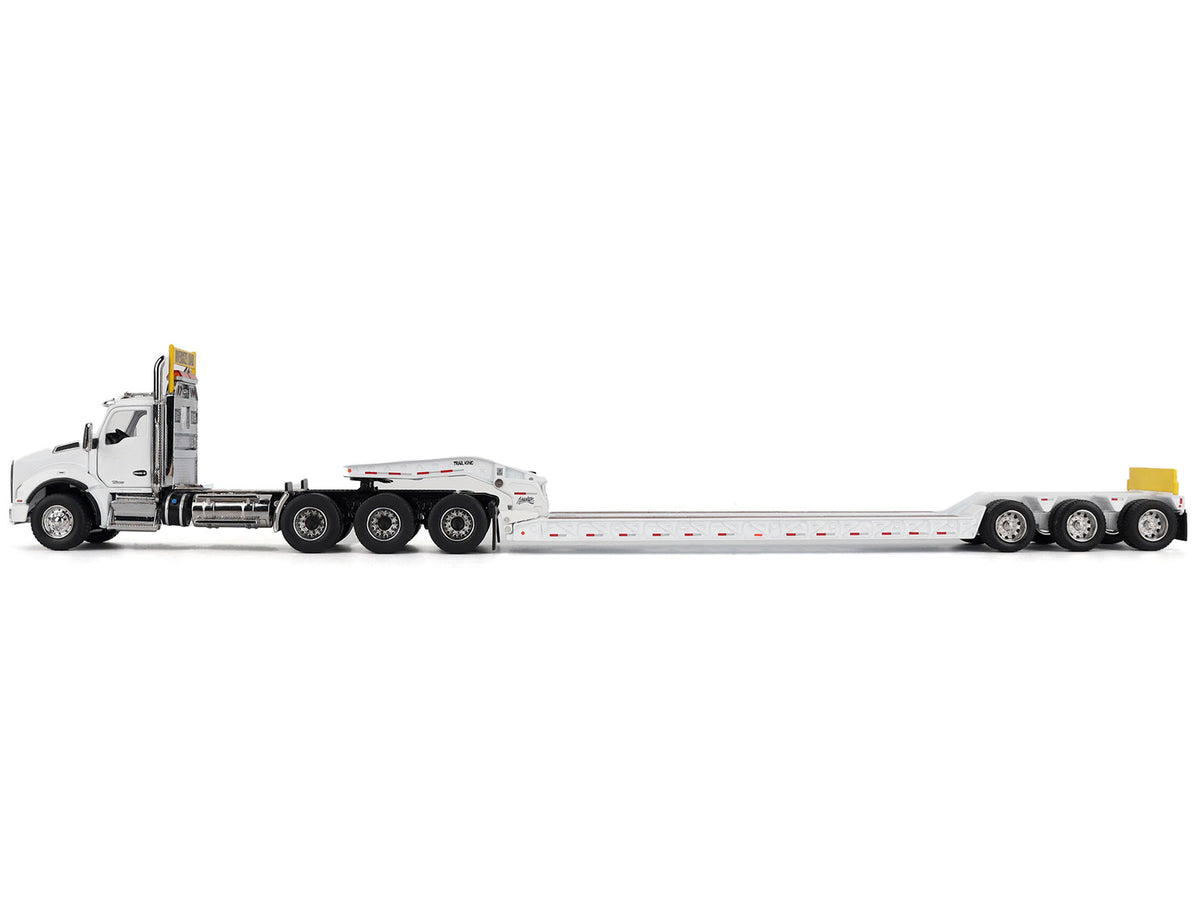 Kenworth T880 SBFA Tridem Truck with Trail King HDG Lowboy Trailer White 'Transport Series' 1/50 Diecast Model by Diecast Masters