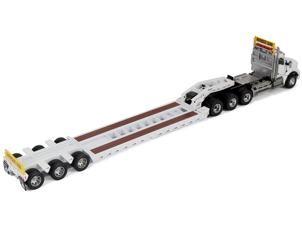 Kenworth T880 SBFA Tridem Truck with Trail King HDG Lowboy Trailer White 'Transport Series' 1/50 Diecast Model by Diecast Masters