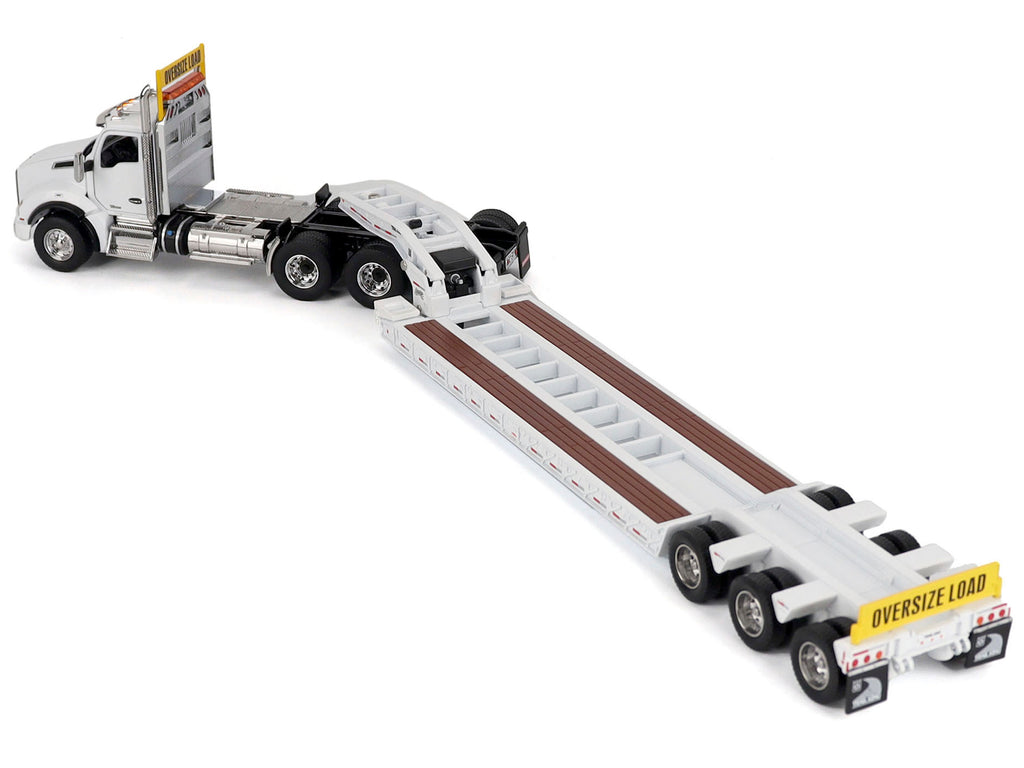 Kenworth T880 SBFA Tridem Truck with Trail King HDG Lowboy Trailer White 'Transport Series' 1/50 Diecast Model by Diecast Masters