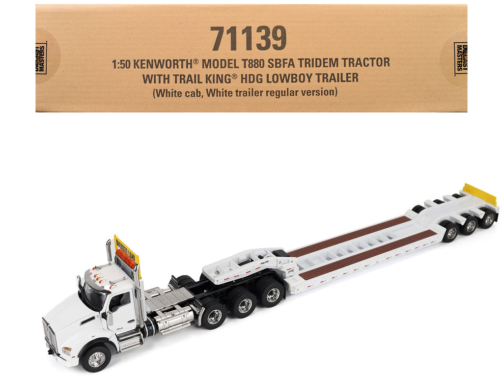 Kenworth T880 SBFA Tridem Truck with Trail King HDG Lowboy Trailer White 'Transport Series' 1/50 Diecast Model by Diecast Masters