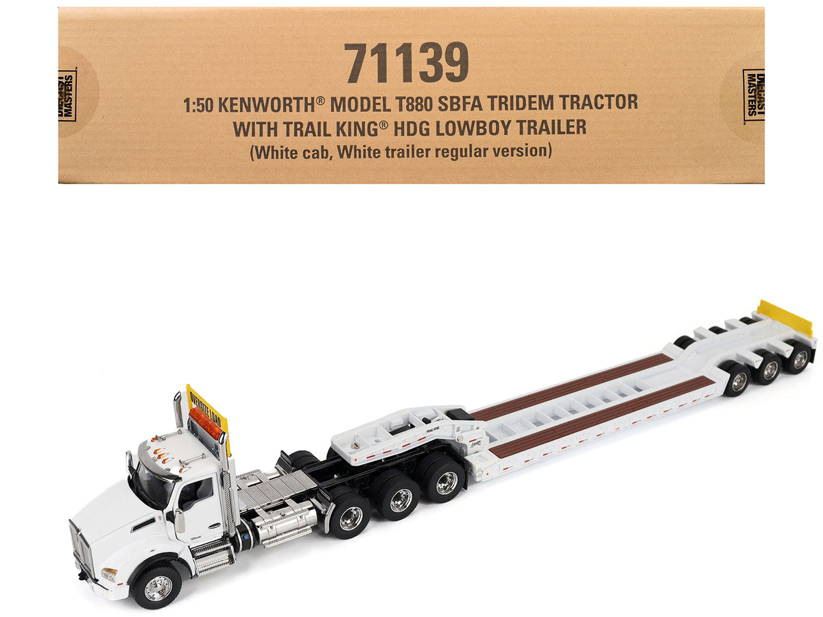 Kenworth T880 SBFA Tridem Truck with Trail King HDG Lowboy Trailer White 'Transport Series' 1/50 Diecast Model by Diecast Masters