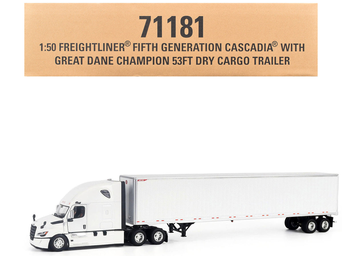 2025 Freightliner Cascadia Gen-5 Sleeper Cab Truck White with Great Dane Champion 53ft Dry Cargo Trailer 'Transport Series' 1/50 Diecast Model by Diecast Masters