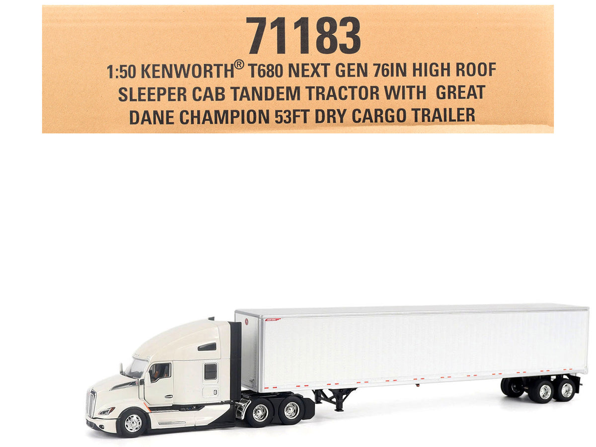 Kenworth T680 Next-Gen 76' High-Roof Sleeper Tandem Tractor White with Great Dane Champion 53ft Dry Cargo Trailer 'Transport Series' 1/50 Diecast Model by Diecast Masters